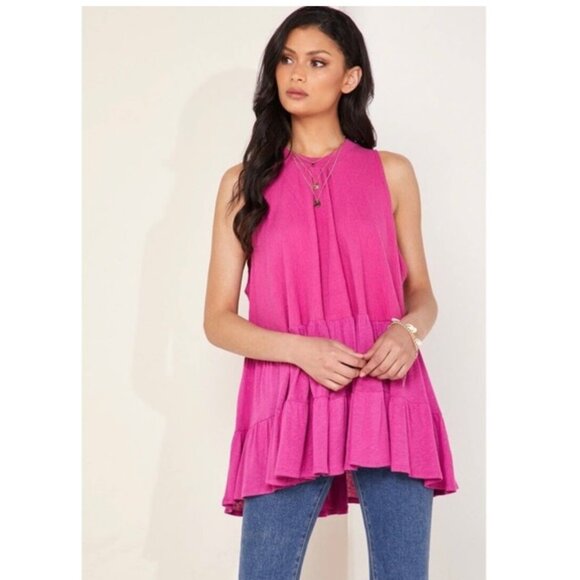 Free People Oversized Tank Top Tiered Ruffle Hem Tunic Pink Back Tie XS Romantic - Picture 2 of 12
